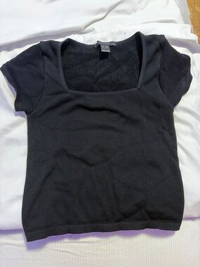 Black Square Neck Rib Knit Top - Unbranded